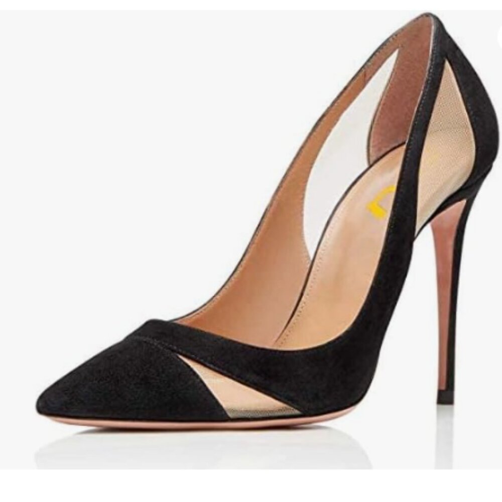 FSJ Black Mesh High Heel Pump Pointed Toe Stiletto Thin Slip on Dress Prom Shoes